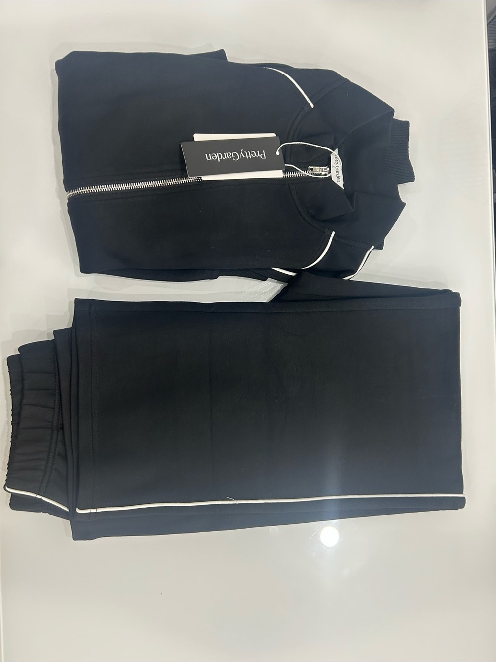 PrettyGarden Women’s Black Jogger Set with White Piping Small size, new with tag